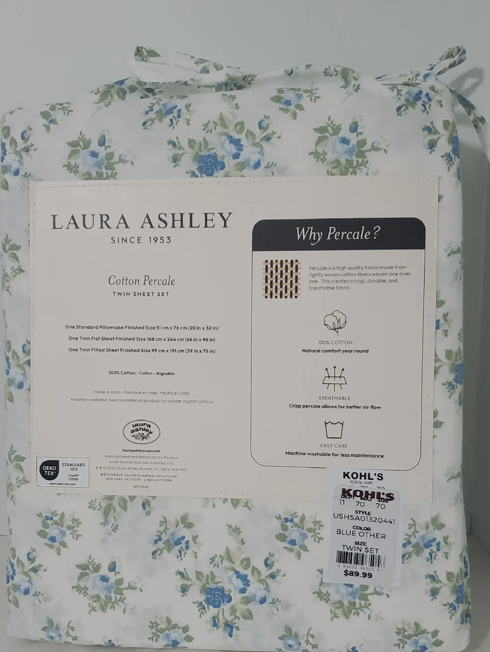 Laura Ashley Twin 100% Cotton Percale Blue Floral Sheet Set NIP